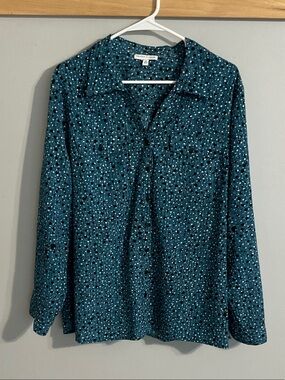Notations Teal Dot-Print V-Neck Button-Up Blouse 3X